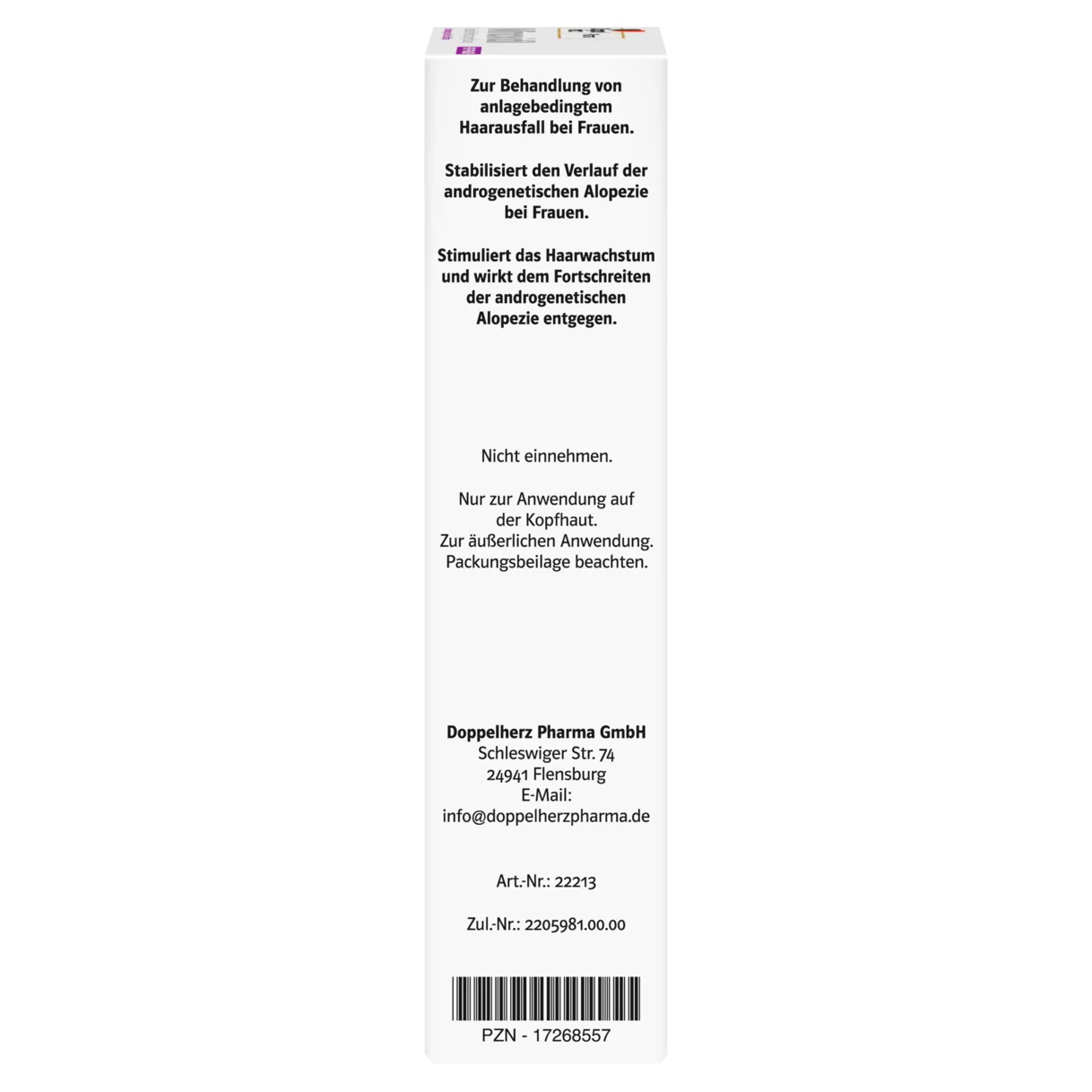 Abbildung der Produktverpackung DoppelherzPharma Minoxidil DoppelherzPharma 20 mg/ml Lösung zur Anwendung auf der Haut (Kopfhaut)  Seitenansicht rechts